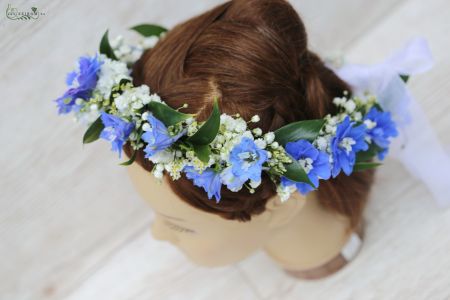 Hair wreath with blue delphiniums, baby's breath