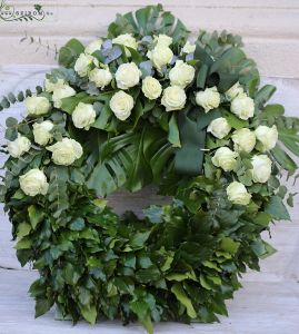 big wreath with 30 white roses, monstera leaves, standing base