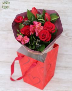 Small round bouquet with red roses, tulips, freesias (8 stem) with aquapack bag