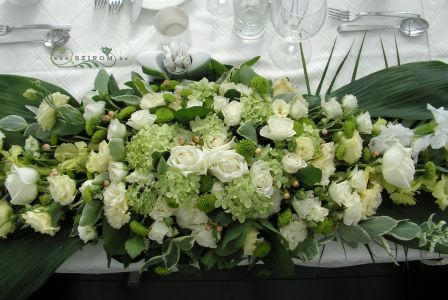 Main table centerpiece with hydrangea, Spoon ship  Budapest (rose, eustoma, hydrangea, chrysanthemum, gadiolus, green, white), wedding