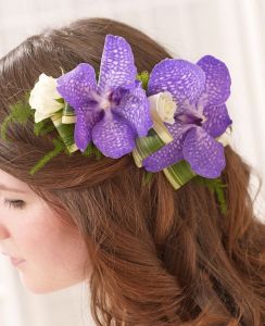 hair flowers, orchids (purple, white)