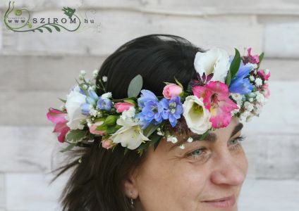Hair decor for mixed flowers (rose, gypsophila, liziantus, alstroemeria, delphinium, white, blue, pink)