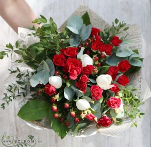 Red spray roses, with white tulips, and hypericum berries (12 stems)