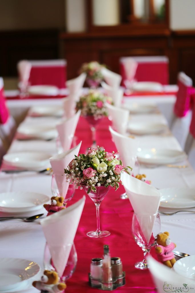 Kis koktélpohár asztaldísz 1db (rózsaszín, bokros rózsa, frézia), esküvő
