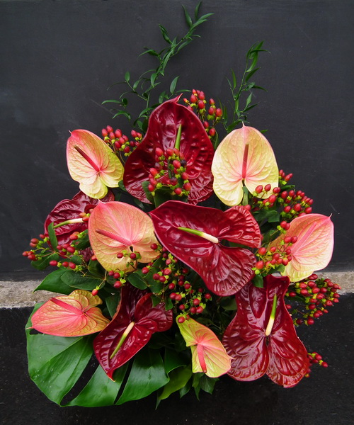 flower delivery Budapest - a centrepiece of 11 flamingo flowers and 10 hypericum berries