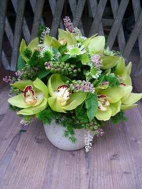 flower delivery Budapest - medium size bier arrangement with green orchids in a ceramic base (40 cm)