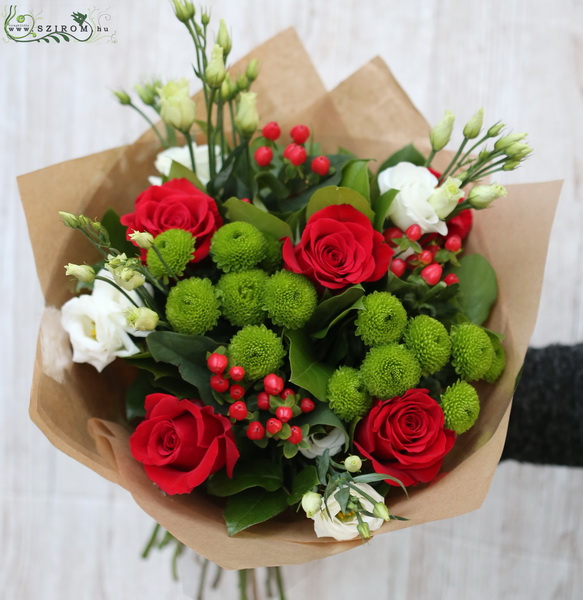 flower delivery Budapest - red roses, green pompoms, white lisianthus, red hypericum in round bouquet (14 stems)