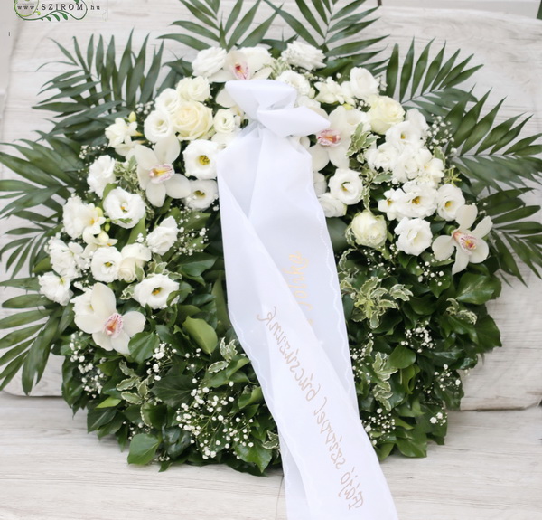 flower delivery Budapest - ivory wreath with orchids, roses, lisianthuses (65cm)