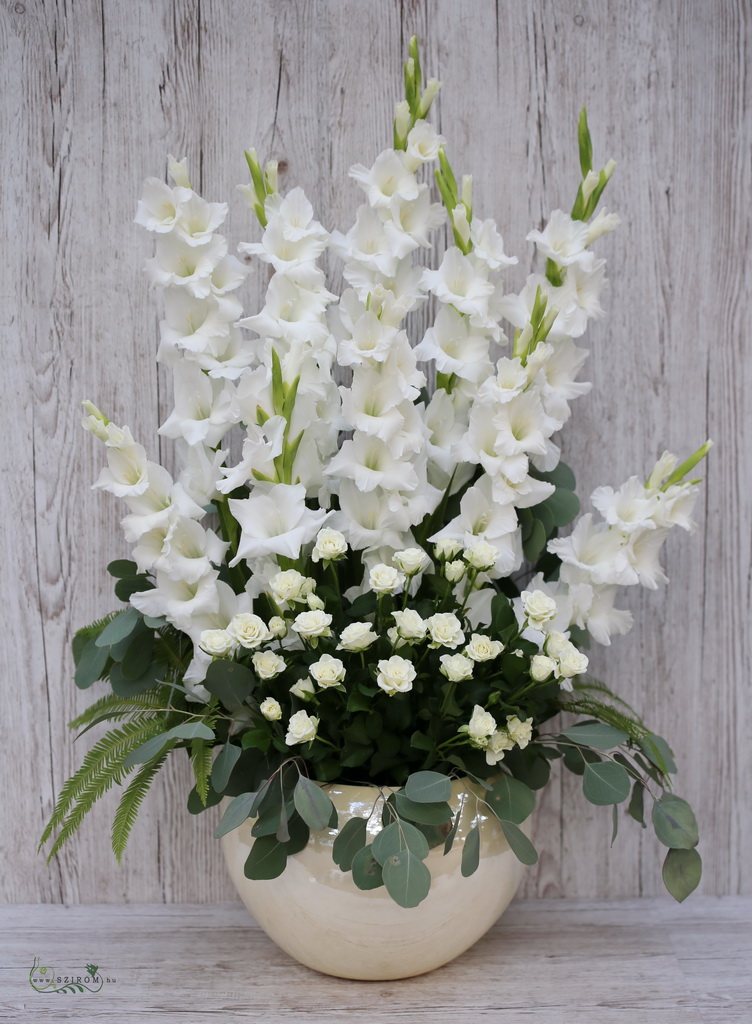 flower delivery Budapest - Standing decoration in ceramic pot (gladiolus, rose, white)