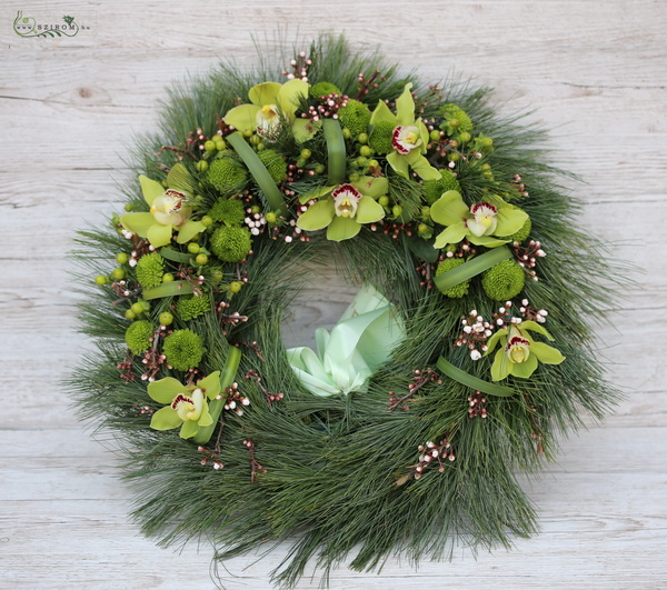 flower delivery Budapest - Silk pine wreath with orchid, chrysanthemum, berries (50cm)