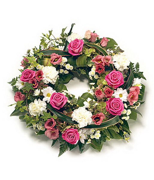 flower delivery Budapest - wreath made of roses and pink - white flowers (50cm, 25st)