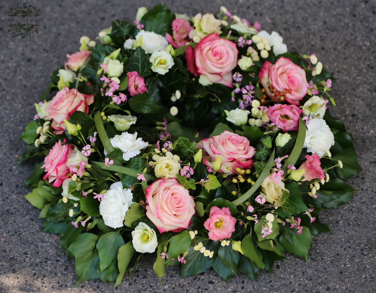 flower delivery Budapest - wreath made of roses and pink - white flowers (50cm)