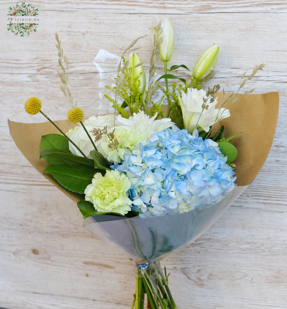 Blumenlieferung nach Budapest - Blau-weißer Strauß mit Hortensie
