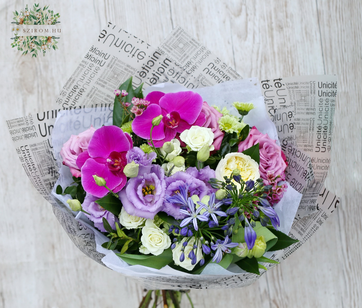 flower delivery Budapest - Fresh lavender purple bouquet with english rose, orchids (18 stem)