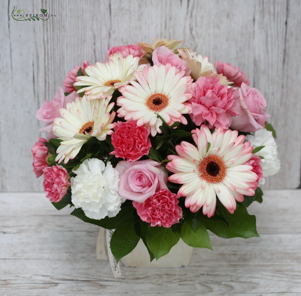flower delivery Budapest - pink carnation, rose, gerbera  in cube (25 stems)