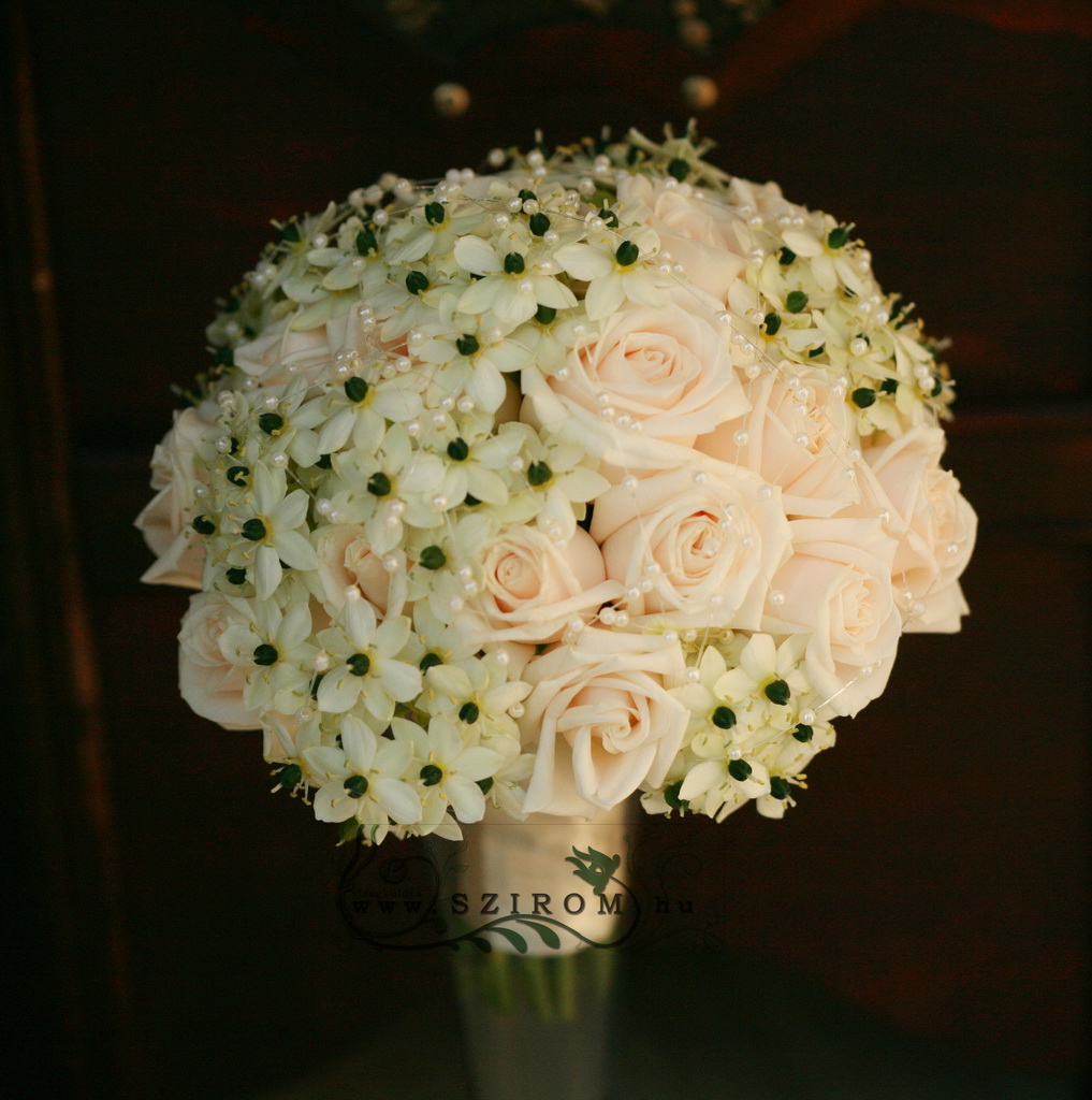 flower delivery Budapest - bridal bouquet (rose, ornithogalum, peah, white)