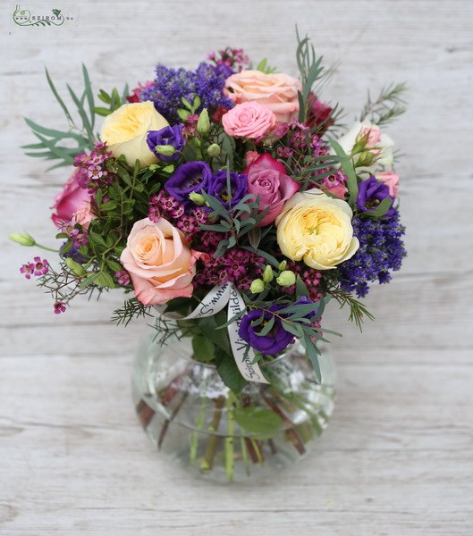 flower delivery Budapest - rustic bouquet in a glass ball (17 stems, pink, purple)