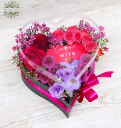 flower delivery Budapest - Transparent lid heart box with Milka chocolate, colorful flowers