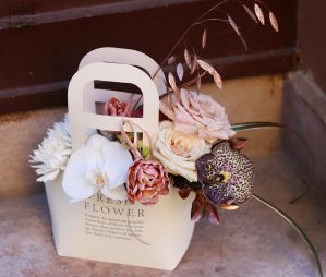 flower delivery Budapest - Modern elegant feminine bag bouquet with orchids, in theme color of the year Mocha Mousse