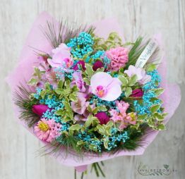 flower delivery Budapest - pink-blue bouquet with Phalenopsis orchyds
