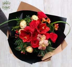 Blumenlieferung nach Budapest - Rosenstrauß mit Amaryllis und Vanda-Orchideen (15 Stiele)