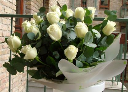 20 weiße Rosen mit Eukalyptus