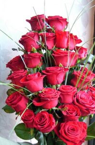 20 premium red roses in a tall sympathy bouquet