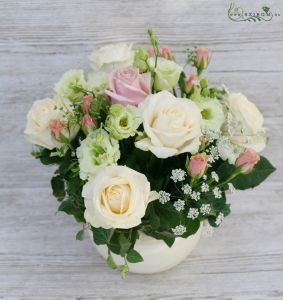 Wedding centerpiece in ceramic pot ( rose, spray rose, lisianthus, white, pink, peach)