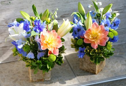 Centerpiece 1 pc (delphinium, lily, dali, blue, orange), wedding