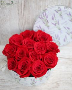 13 red roses in round box with flower pattern