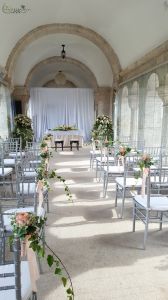 esküvői dekoráció székdíszekkel, állódíszekkel, asztaldísszel, Halászbástya Étterem (barack rózsa)