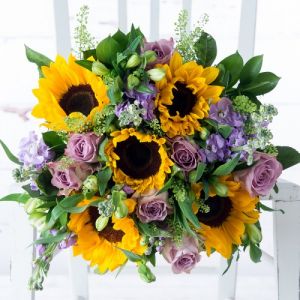 Big summer bouquet of sunflowers, roses, seasonal flowers (24 stems)
