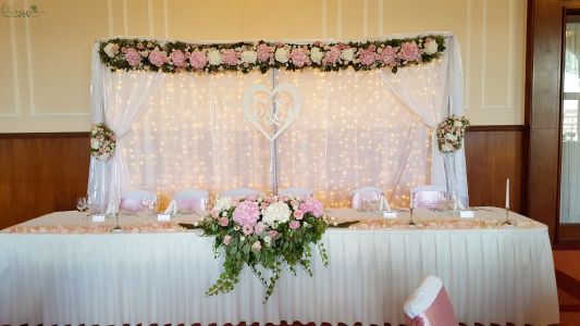 Gellért Hotel Budapest, main table centerpiece and wedding flower decoration, backdrop with flowers, pink, white