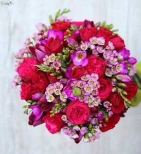 Bridal bouquet (fresia, english rose, spray rose, wax flower, red, pink)