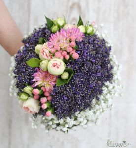 Bridal bouquet (levander, babybreath, english rose, dahlia, hypericum,  purple, pink)