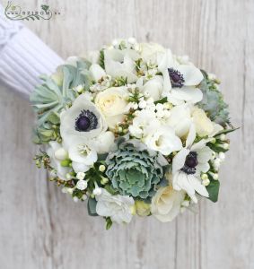 Bridal bouquet (rose, fresia, tulip, bouvardia, anemone, waxflower, stonecrop, white, green, silver)
