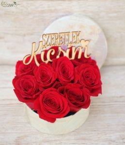 10 red roses in a box, with I love you my little darling sign