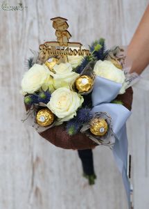 Graduation chocolate bouquet with white roses and eryngium (9 stems)