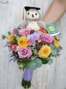 Colorful bouquet with owl, 24 stems