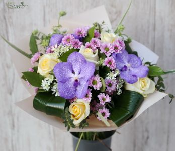 Bouquet of roses, Vanda orchids, freesia, small flowers (17 stems)