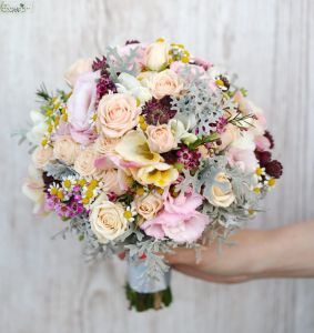 Bridal bouquet (spray rose, wax, chamomile, freesia, astrantia, lisianthus, senetio cineraria, peach, pink, red, yellow)