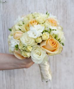 bridal bouquet (rose, spray rose, freesia, peach, white)