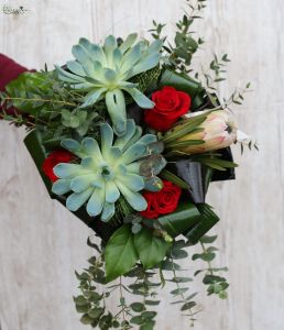 Menyasszonyi csokor (rózsa, protea, kövirózsa, vörös )
