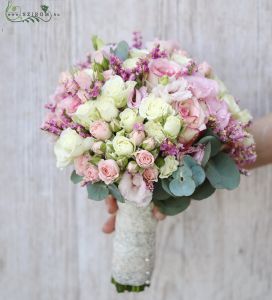 Bridal bouquet (rose, spray rose, lisianthus, limonium, white, pink)