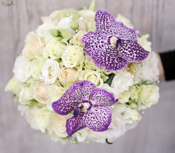 Bridal bouquet (rose, spray rose, lisianthus, orchid, white, creme, purple)