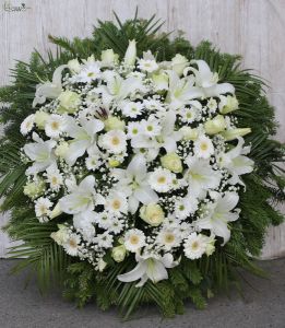big funeral wreath with white lilies, gerberas, daisies and babysbreathe (1m)