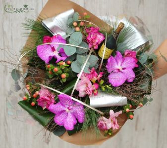 Round bouquet with pink vanda orchids and freesias