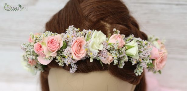 hair wreath made of white and pink roses, limonium