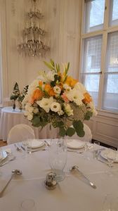 High wedding table decoration, Festetics Palota Budapest (gladiolus, lily, wild flowers, peach, white)