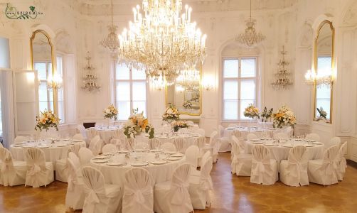 High wedding centerpiece, Festetics Palota Budapest (gladiolus, lily, wild flowrers, peach, white)